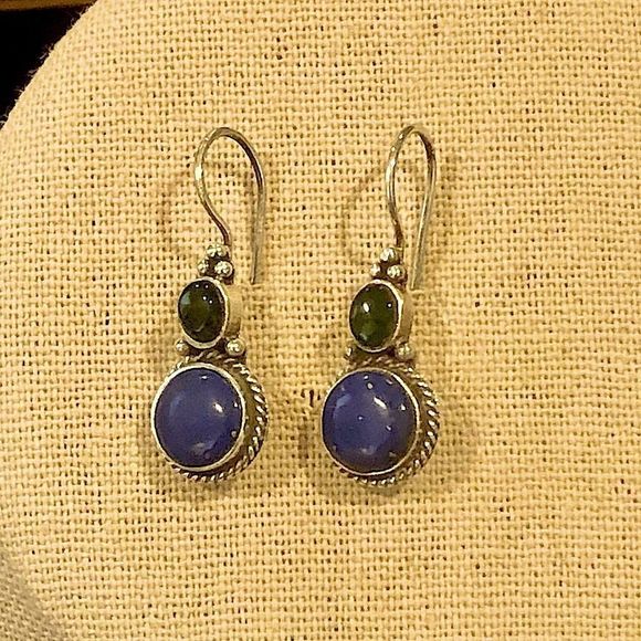 Vintage Green Agate Blue Lapis Lazuli Sterling Silver Drop Dangle Earrings - Picture 6 of 6